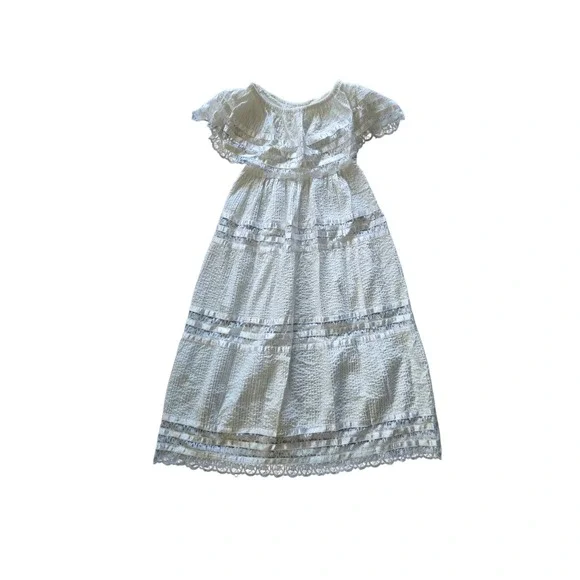 Vintage Prairie Peasant Maxi Dress Lace Ribbon Trim Ruffle Cape Boho Romantic - Picture 3 of 5